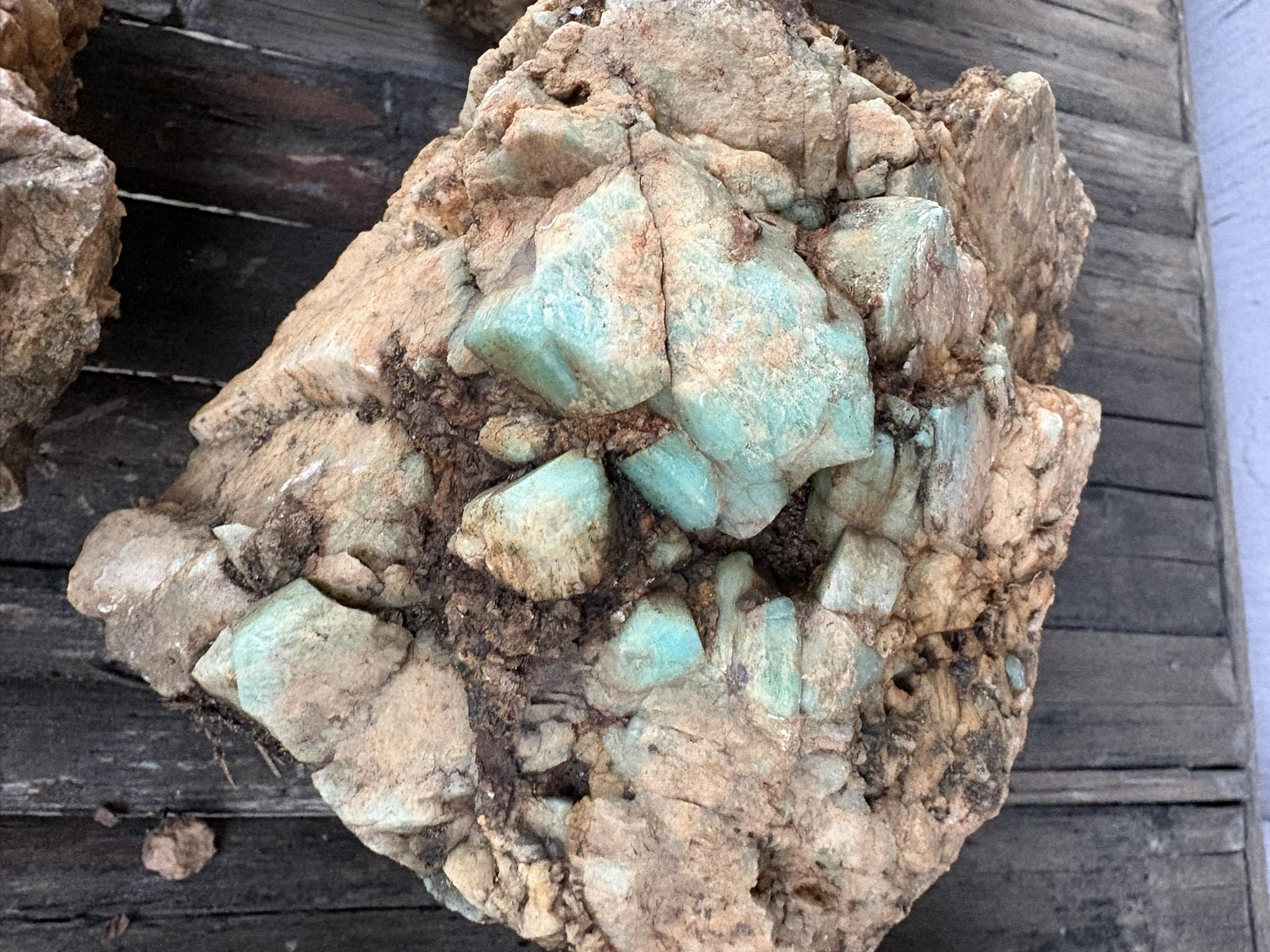 Close-up of a large amazonite-bearing matrix specimen